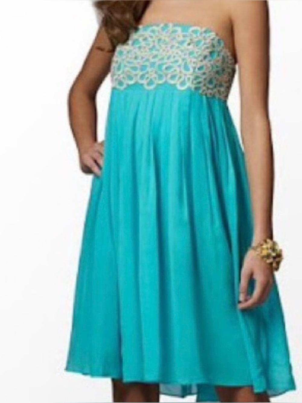 Teal Party Dress with Gold Embellished Bodice